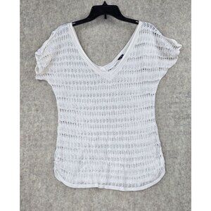 Vanity Womens White Knit Semi-Sheer Short Sleeve V-Neck Top Size M